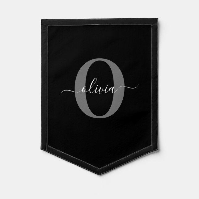 Personalized Monogram Script Name Black White Grey Pennant (Front)