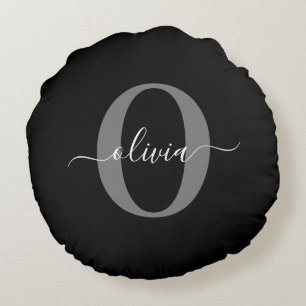 Personalized Monogram Script Name Black White Grey Round Pillow