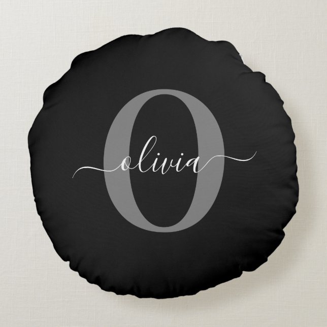 Personalized Monogram Script Name Black White Grey Round Pillow (Back)