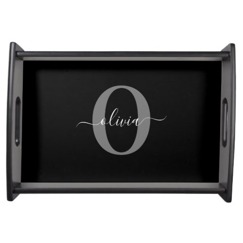 Personalized Monogram Script Name Black White Grey Serving Tray