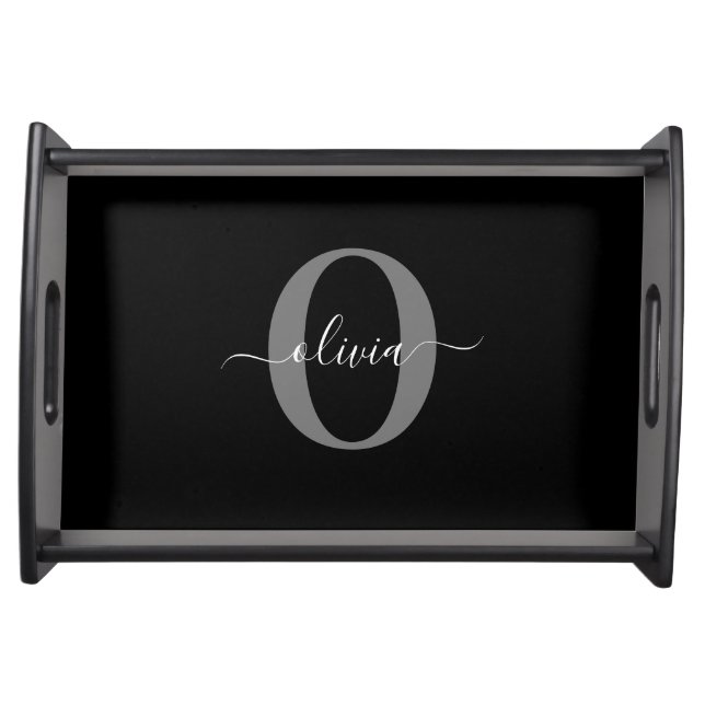 Personalized Monogram Script Name Black White Grey Serving Tray (Front)