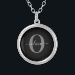 Personalized Monogram Script Name Black White Grey Silver Plated Necklace<br><div class="desc">This elegant monogram and stylish script name design can be given as a gift for a birthday, wedding, bridal shower, anniversary, Mother's Day or any occasion. It can be personalized with the person's initial and name. You can change the font, font color, font size and background color using the Design...</div>