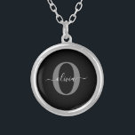 Personalized Monogram Script Name Black White Grey Silver Plated Necklace<br><div class="desc">This elegant monogram and stylish script name design can be given as a gift for a birthday, wedding, bridal shower, anniversary, Mother's Day or any occasion. It can be personalized with the person's initial and name. You can change the font, font color, font size and background color using the Design...</div>
