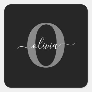 Personalized Monogram Script Name Black White Grey Square Sticker