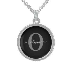 Personalized Monogram Script Name Black White Grey Sterling Silver Necklace