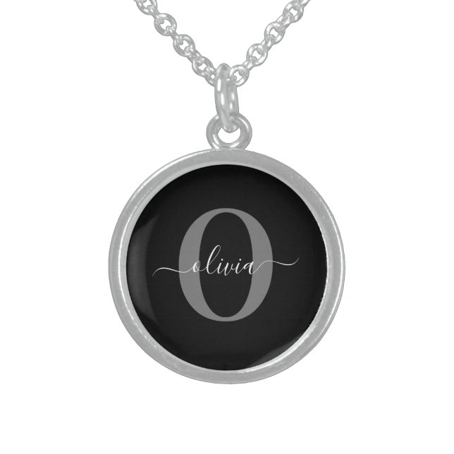 Personalized Monogram Script Name Black White Grey Sterling Silver Necklace (Front)