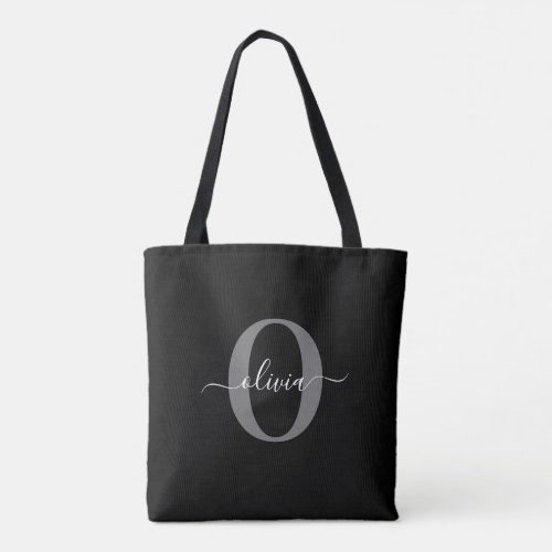 Personalized Monogram Script Name Black White Grey Tote Bag