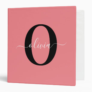 Personalized Monogram Script Name Black White Pink 3 Ring Binder