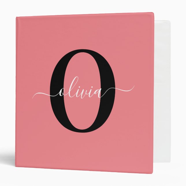 Personalized Monogram Script Name Black White Pink 3 Ring Binder (Front/Inside)