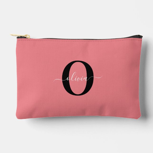 Personalized Monogram Script Name Black White Pink Accessory Pouch (Front)