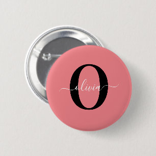 Personalized Monogram Script Name Black White Pink Button