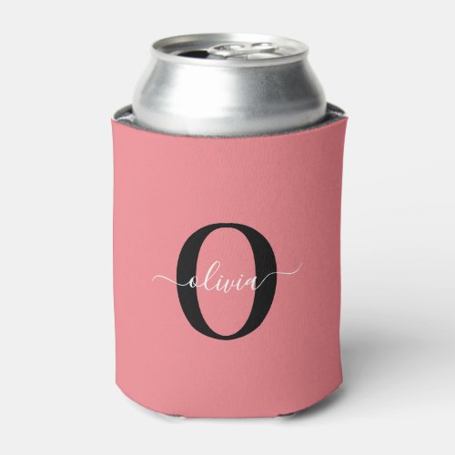 Personalized Monogram Script Name Black White Pink Can Cooler