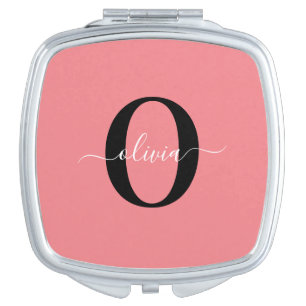 Personalized Monogram Script Name Black White Pink Compact Mirror