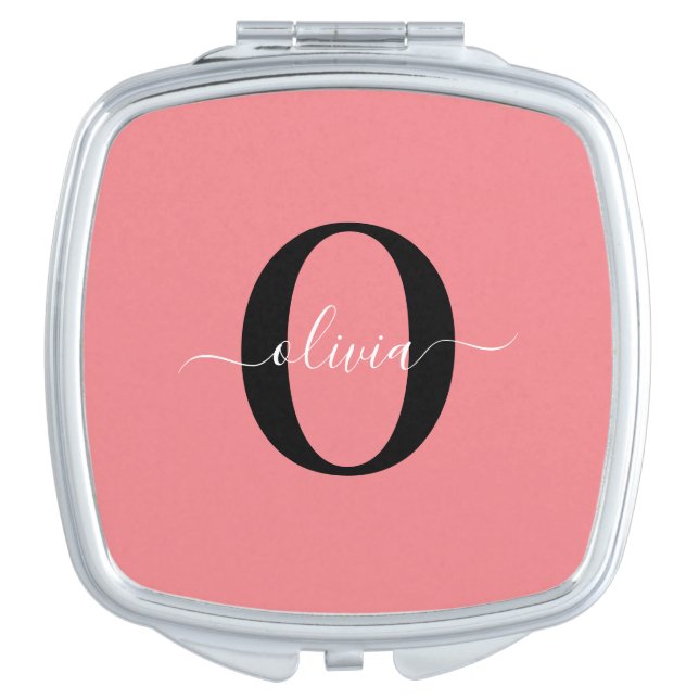 Personalized Monogram Script Name Black White Pink Compact Mirror (Front)