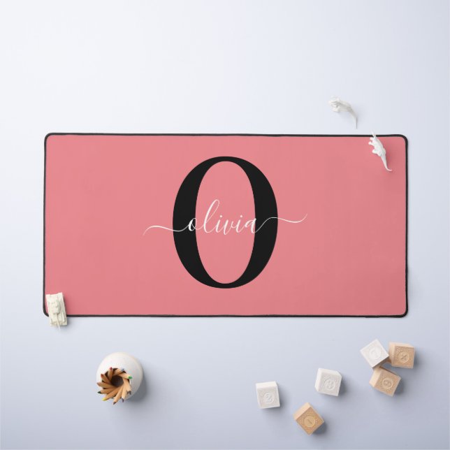 Personalized Monogram Script Name Black White Pink Desk Mat (Kids Table)