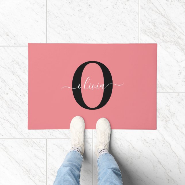 Personalized Monogram Script Name Black White Pink Doormat (Indoor)