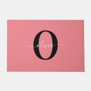 Personalized Monogram Script Name Black White Pink Doormat