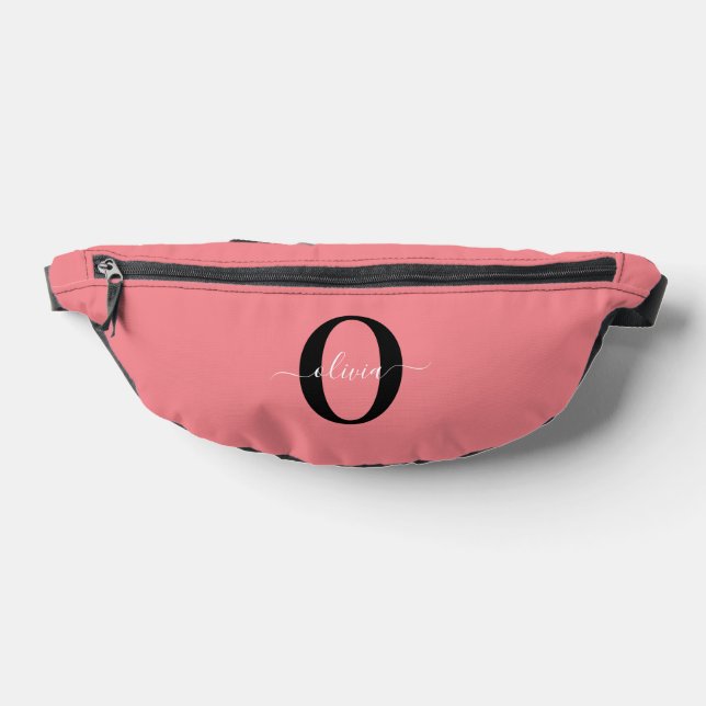Personalized Monogram Script Name Black White Pink Fanny Pack (Lay Down)