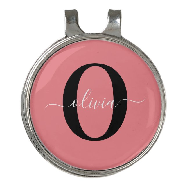 Personalized Monogram Script Name Black White Pink Golf Hat Clip (Front)