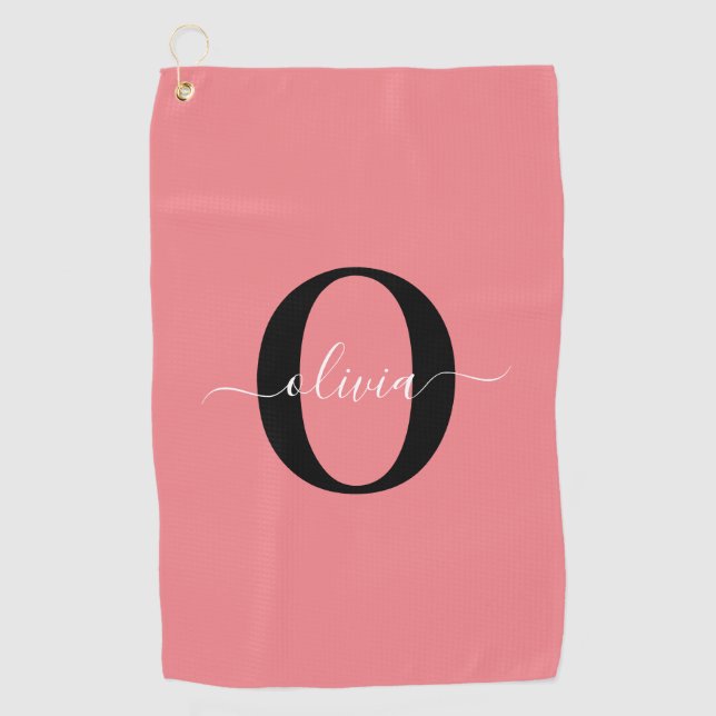 Personalized Monogram Script Name Black White Pink Golf Towel (Front)