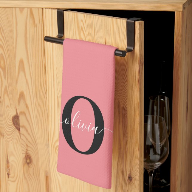 Personalized Monogram Script Name Black White Pink Kitchen Towel (Thirds Fold)