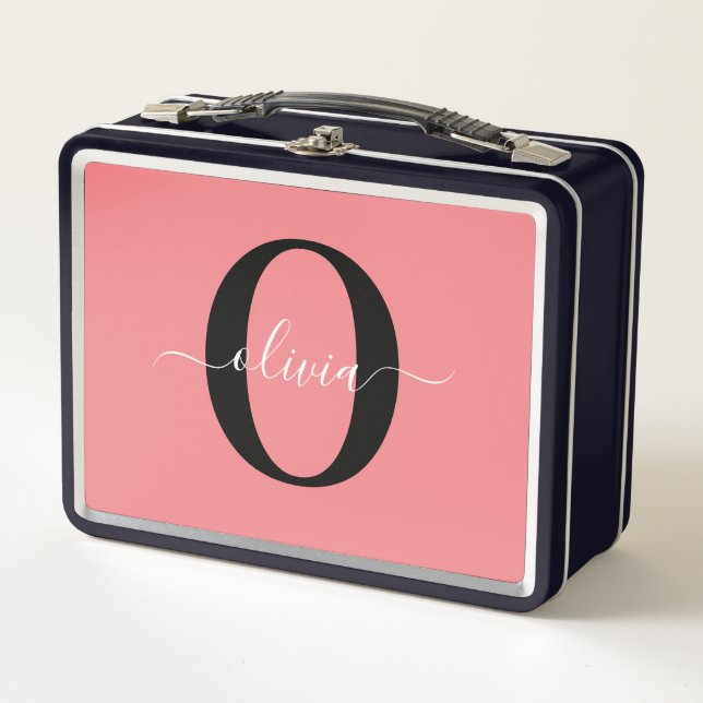 Personalized Monogram Script Name Black White Pink Metal Lunch Box (Front)