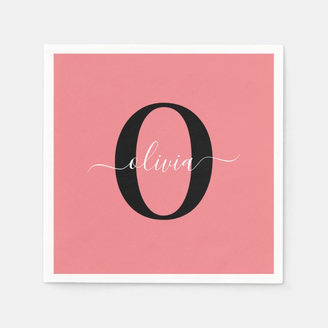 Personalized Monogram Script Name Black White Pink Napkins (Front)