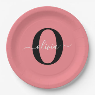 Personalized Monogram Script Name Black White Pink Paper Plates