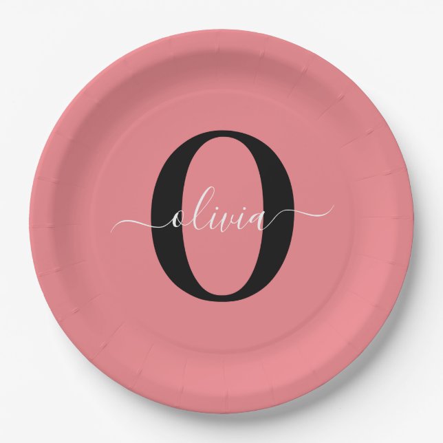 Personalized Monogram Script Name Black White Pink Paper Plates (Front)