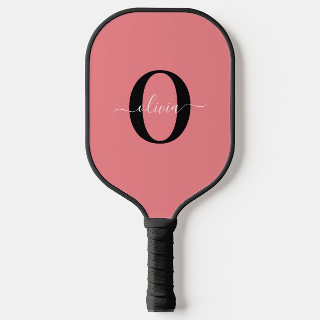 Personalized Monogram Script Name Black White Pink Pickleball Paddle (Front)