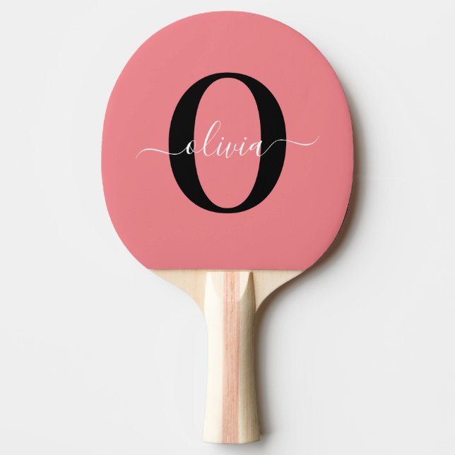 Personalized Monogram Script Name Black White Pink Ping Pong Paddle (Front)
