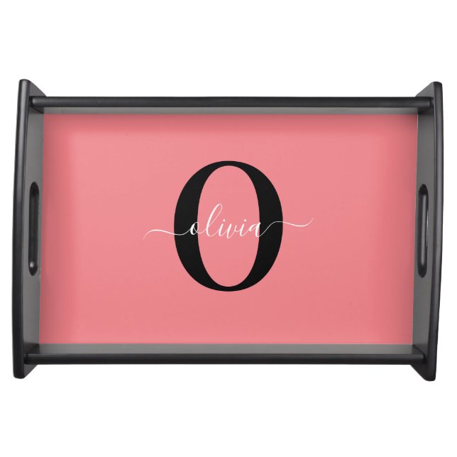 Personalized Monogram Script Name Black White Pink Serving Tray (Front)