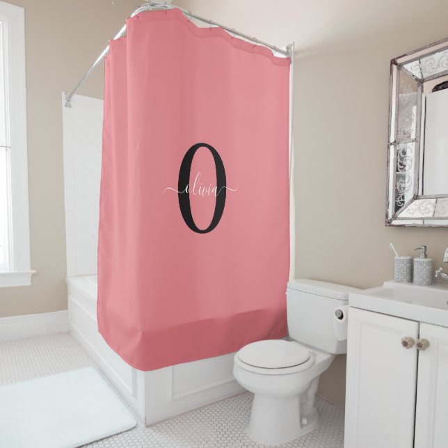 Personalized Monogram Script Name Black White Pink Shower Curtain (In Situ)