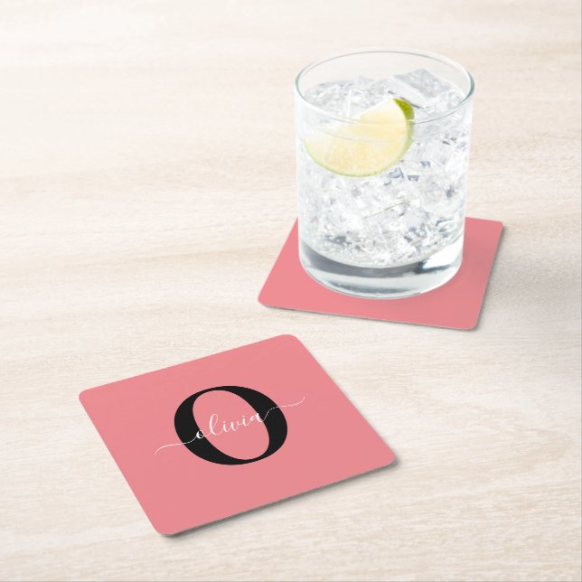 Personalized Monogram Script Name Black White Pink Square Paper Coaster (Insitu)