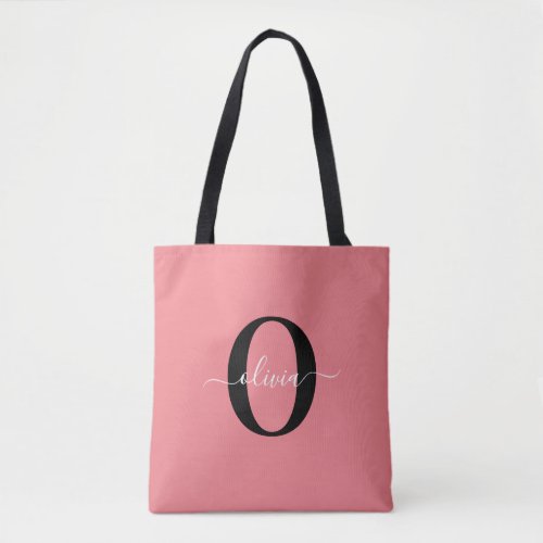 Personalized Monogram Script Name Black White Pink Tote Bag