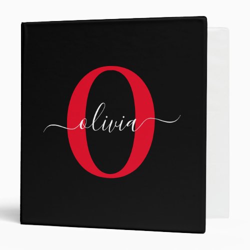 Personalized Monogram Script Name Black White Red 3 Ring Binder