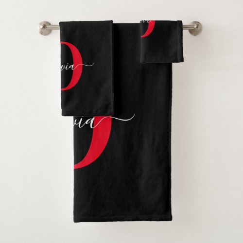 Personalized Monogram Script Name Black White Red Bath Towel Set