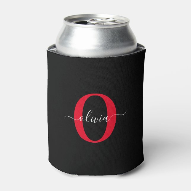 Personalized Monogram Script Name Black White Red Can Cooler (Can Front)
