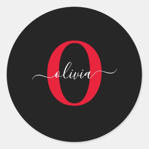 Personalized Monogram Script Name Black White Red Classic Round Sticker