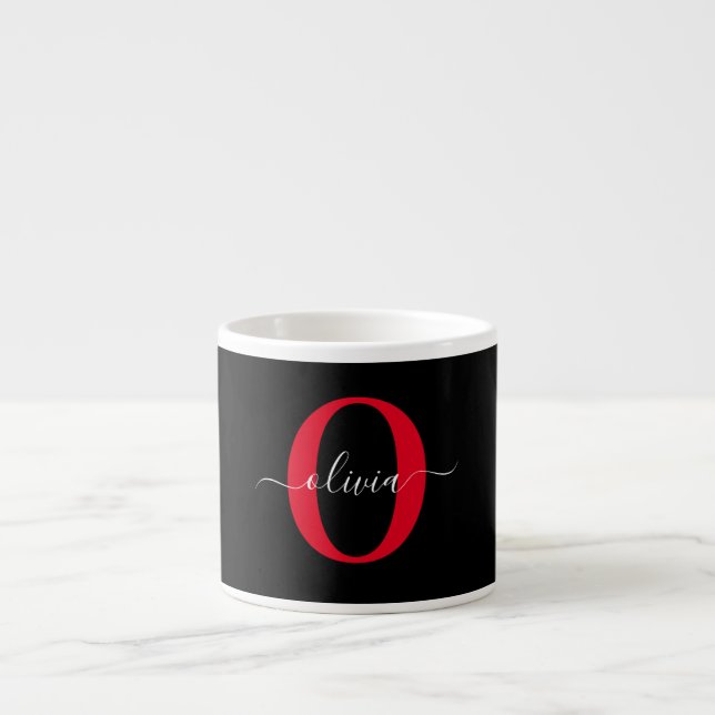 Personalized Monogram Script Name Black White Red Espresso Cup (Front)