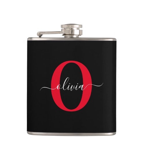 Personalized Monogram Script Name Black White Red Flask