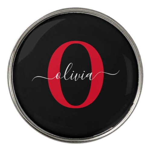 Personalized Monogram Script Name Black White Red Golf Ball Marker