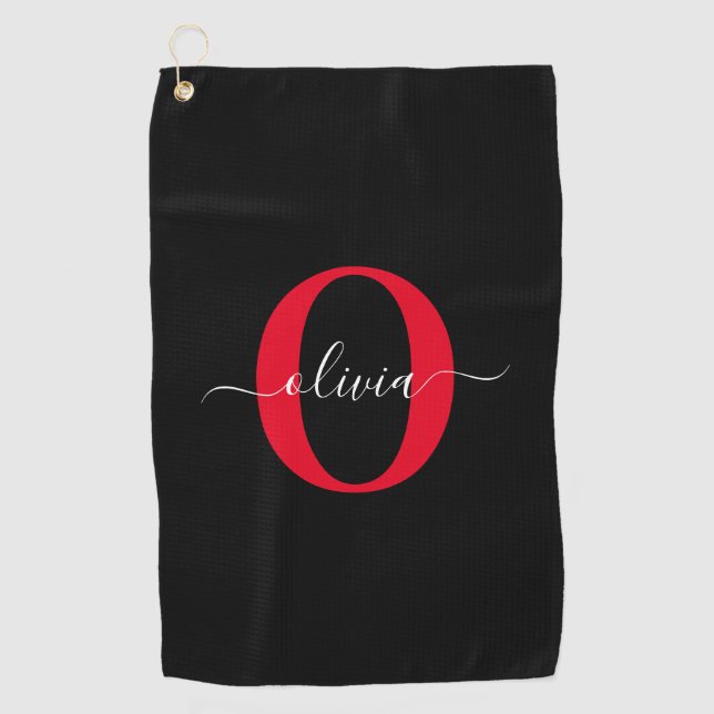 Personalized Monogram Script Name Black White Red Golf Towel (Front)