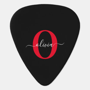 Personalized Monogram Script Name Black White Red Guitar Pick