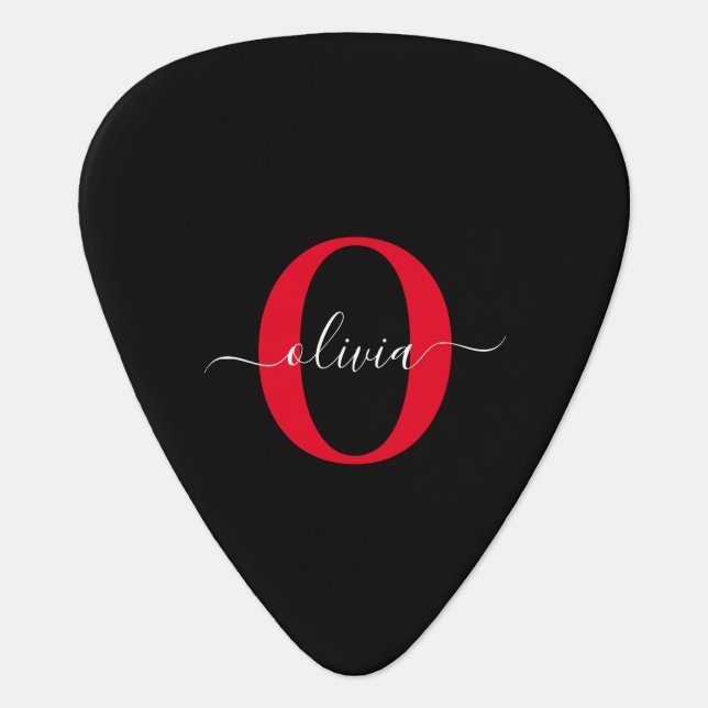 Personalized Monogram Script Name Black White Red Guitar Pick (Front)
