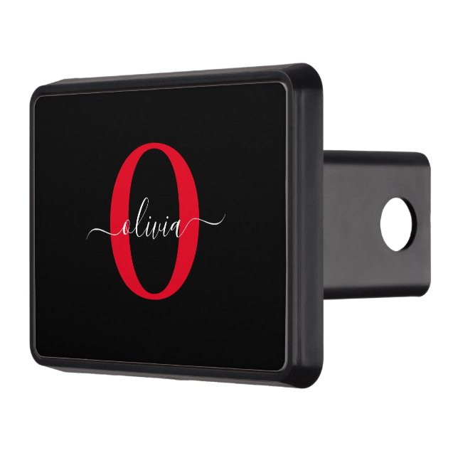 Personalized Monogram Script Name Black White Red Hitch Cover (Left)