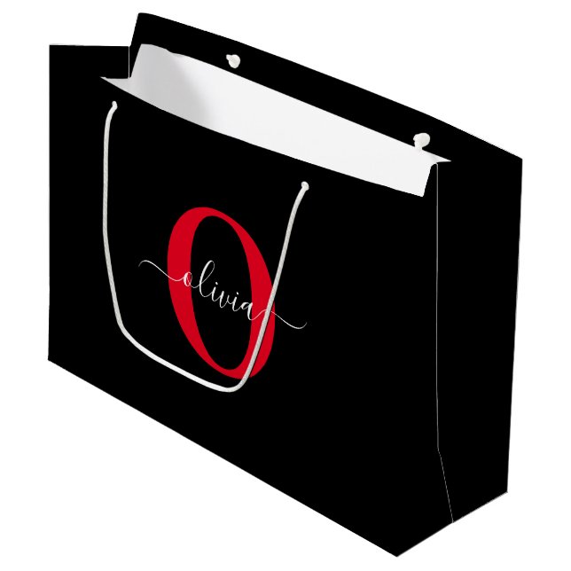 Personalized Monogram Script Name Black White Red Large Gift Bag (Front Angled)