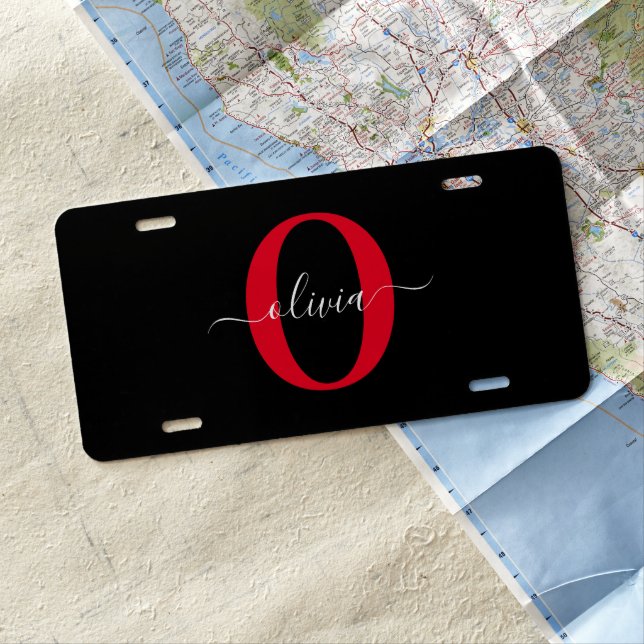 Personalized Monogram Script Name Black White Red License Plate (In Situ)