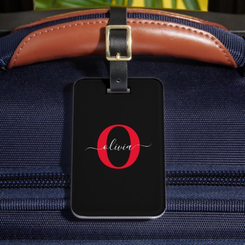 Personalized Monogram Script Name Black White Red Luggage Tag