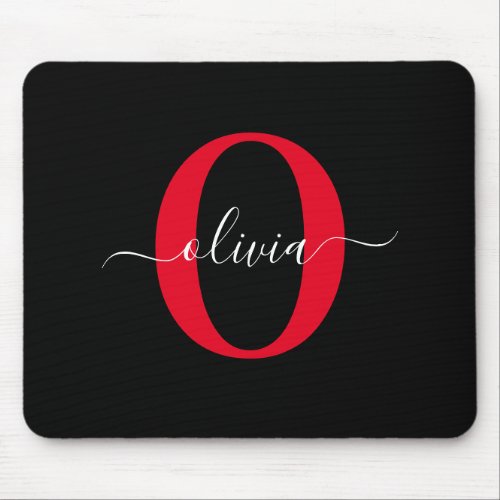 Personalized Monogram Script Name Black White Red Mouse Pad